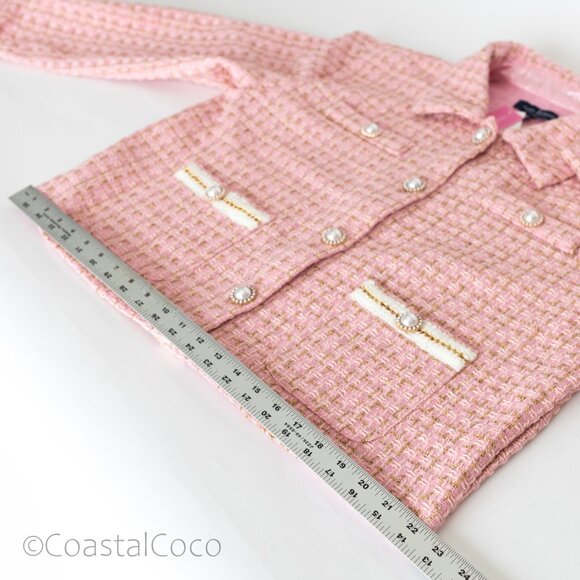 Pink Tweed Pearl Button Cropped Jacket L Blazer Preppy Academia Coastal Grandma - Picture 11 of 13